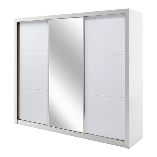 Senoia Mirrored High Gloss Wardrobe 3 Doors In White With LED_1