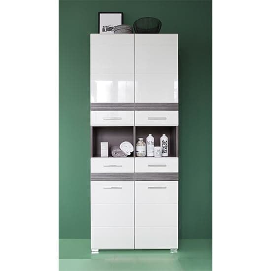 Seon Large Bathroom Storage Cabinet In Gloss White Smoky Silver_1