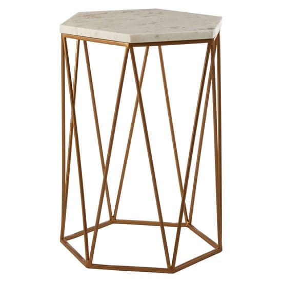 Shalom Hexagonal White Marble Top Side Table With Gold Line Base_1