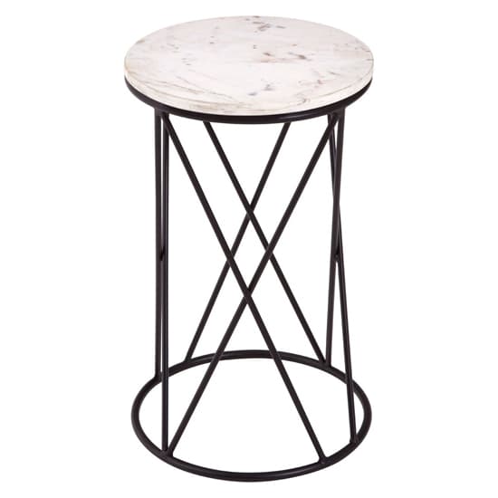 Shalom Round White Marble Top Side Table With Black Cross Frame_2