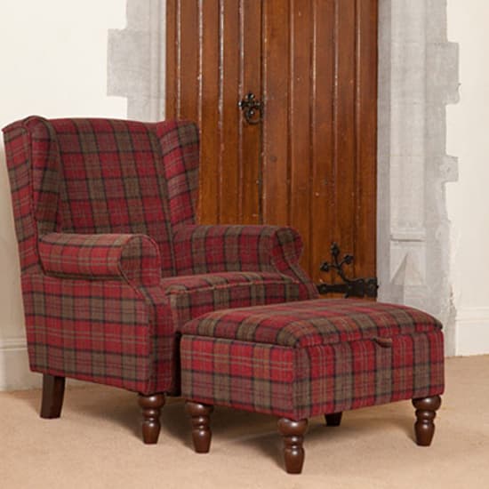 Shetland Fabric Lounge Chair In Claret With Foot Stool