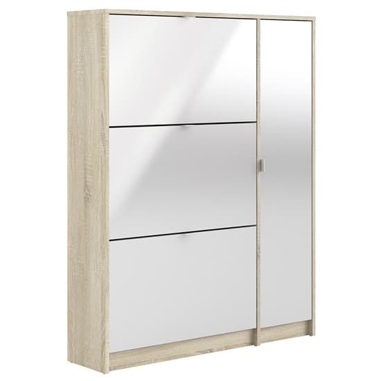 Shovy White High Gloss Shoe Cabinet In Oak With 4 Doors 2 Layers_2