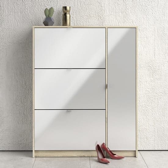 Shovy White High Gloss Shoe Cabinet In Oak With 4 Doors 2 Layers