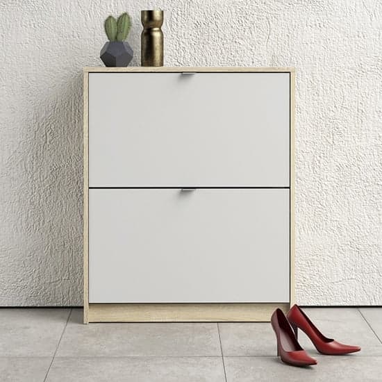 Shovy Wooden Shoe Cabinet In White And Oak With 2 Doors 2 Layers_1