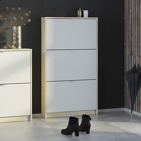 Shovy Wooden Shoe Cabinet In White And Oak With 3 Doors 1 Layer_3