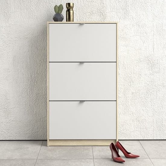 Shovy Wooden Shoe Cabinet In White And Oak With 3 Doors 2 Layers_1