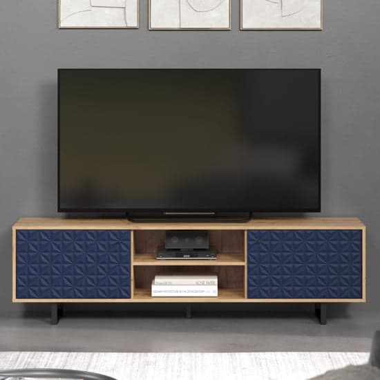 Sion Wooden TV Stand With 2 Dark Blue Doors In Artisan Oak_2