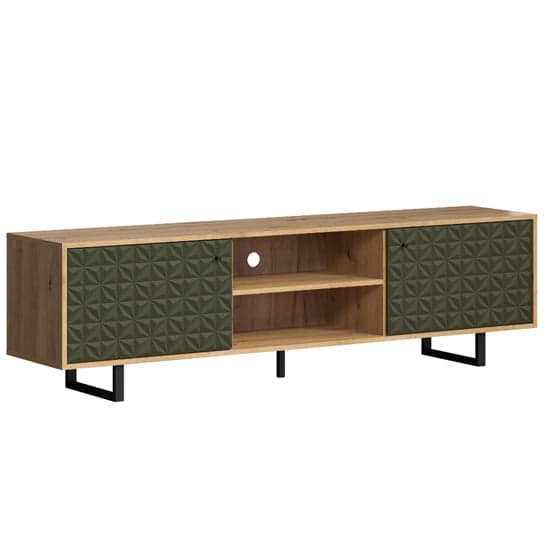 Sion Wooden TV Stand With 2 Dark Green Doors In Artisan Oak_5