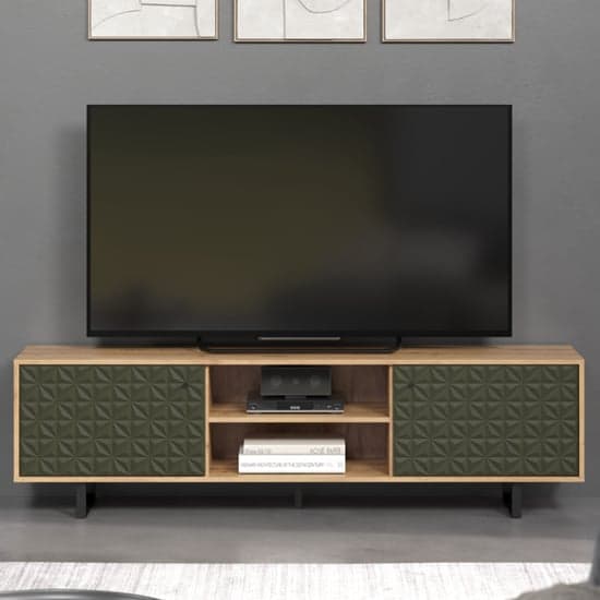 Sion Wooden TV Stand With 2 Dark Green Doors In Artisan Oak_2