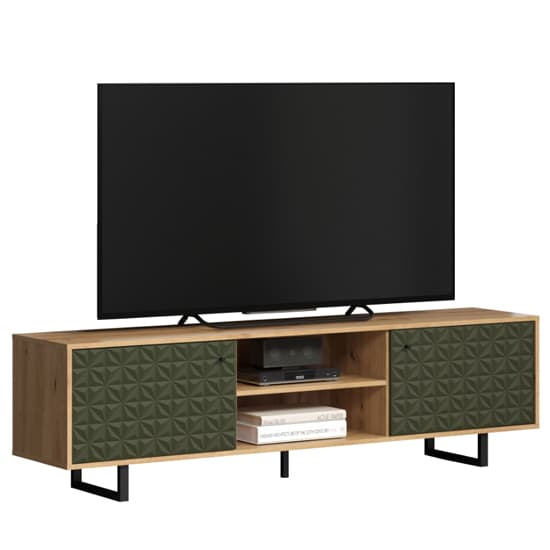 Sion Wooden TV Stand With 2 Dark Green Doors In Artisan Oak_3