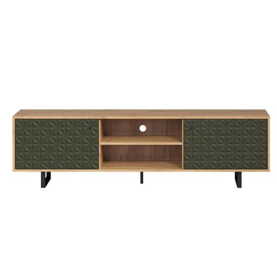 Sion Wooden TV Stand With 2 Dark Green Doors In Artisan Oak_4