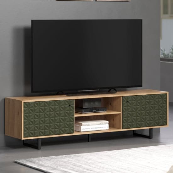 Sion Wooden TV Stand With 2 Dark Green Doors In Artisan Oak_1
