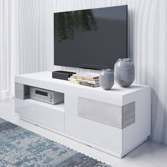 Sioux High Gloss TV Stand 1 Door 2 Drawers In White Concrete_1