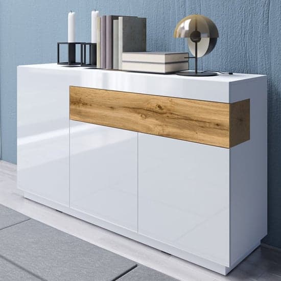 Sioux High Gloss Sideboard 3 Doors 1 Drawer In White And Oak_1
