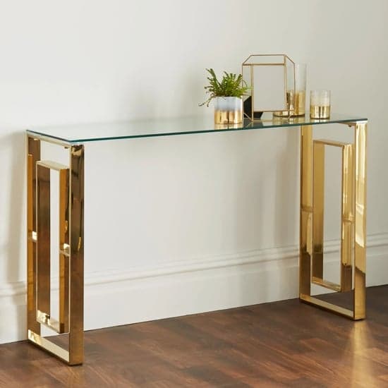 Solana Clear Glass Console Table With Gold Metal Frame_1