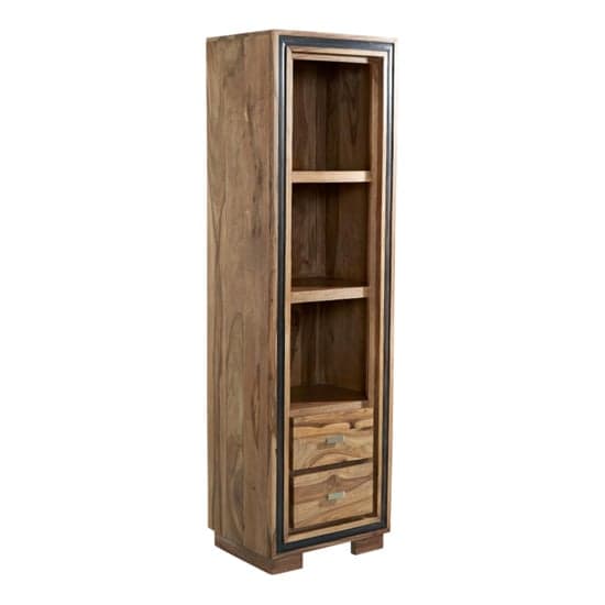 Spica Wooden Slim Bookcase In Natural Sheesham With 2 Drawers_1