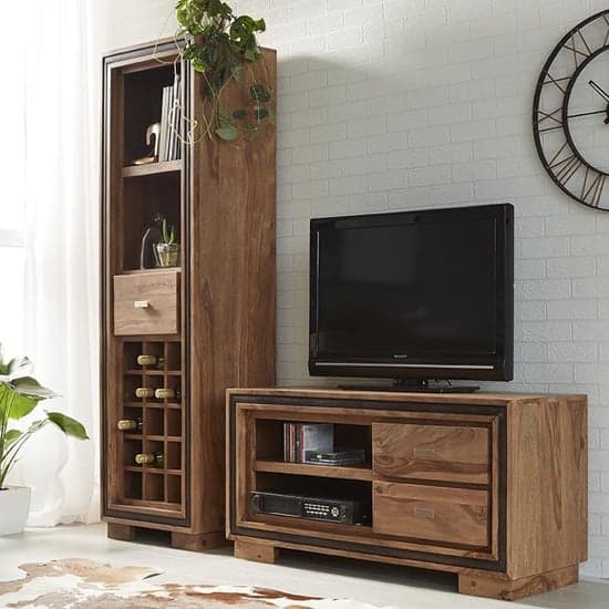Spica Wooden Wine Bookcase In Natural Sheesham With 2 Drawers_2