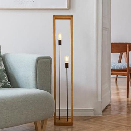 Square 2 Lights Floor Lamp With Wooden Frame_1