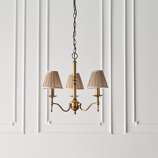 Stanford 3 Lights Pendant In Antique Brass With Beige Shades_3