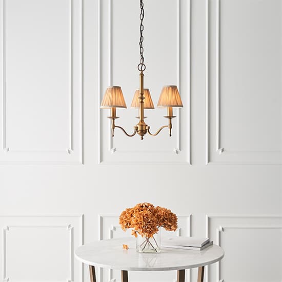 Stanford 3 Lights Pendant In Antique Brass With Beige Shades_4