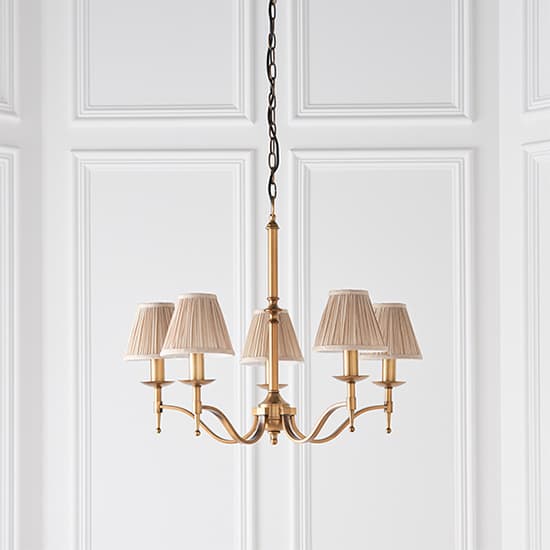 Stanford 5 Lights Pendant In Antique Brass With Beige Shades_3