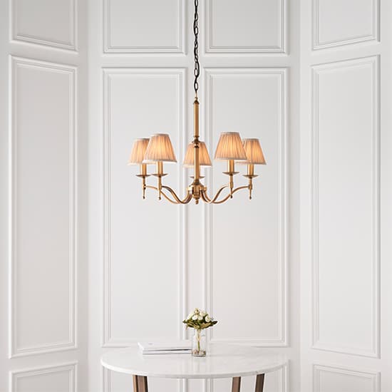 Stanford 5 Lights Pendant In Antique Brass With Beige Shades_4