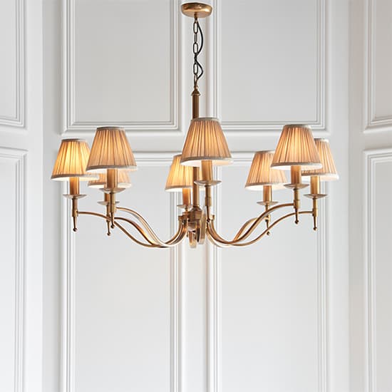 Stanford 8 Lights Pendant In Antique Brass With Beige Shades_4