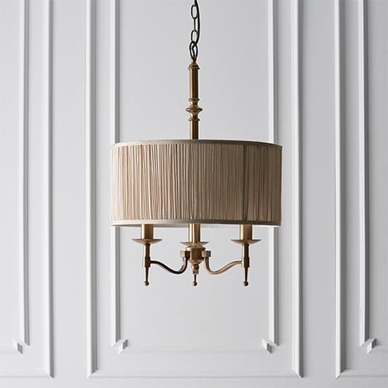 Stanford Round Pendant Light In Antique Brass With Beige Shade_2
