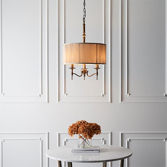 Stanford Round Pendant Light In Antique Brass With Beige Shade_4