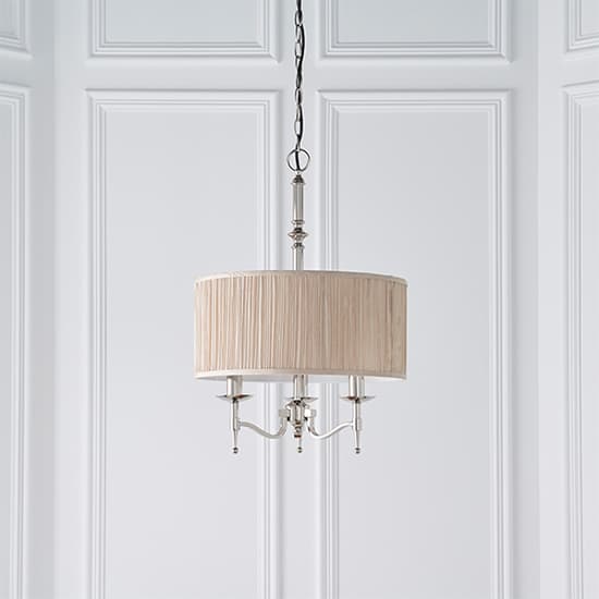 Stanford Round Pendant Light In Nickel With Beige Shade_3