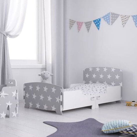 Stars Design Kids Junior Single Bed In Grey And White_1