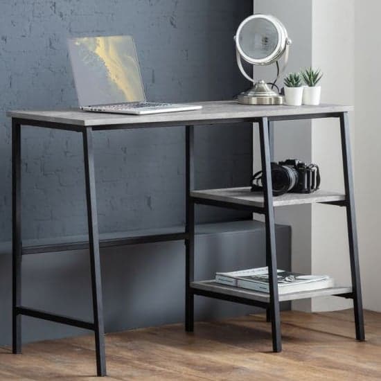 Salome Wooden Laptop Desk In Concrete Effect With 2 Shelves_1