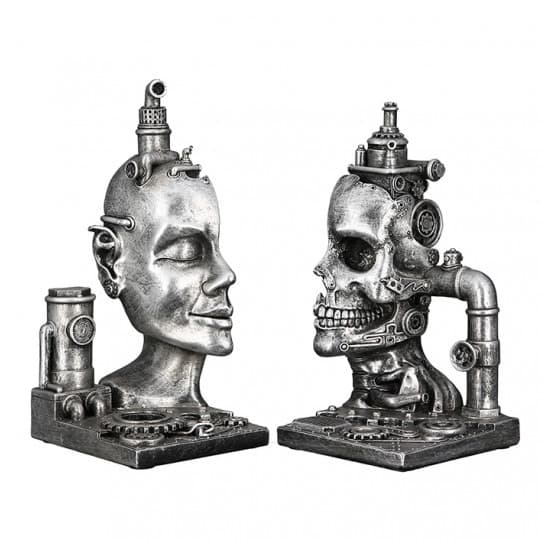 Steampunk Bookend Skull Poly Sculpture In Antique Silver_3