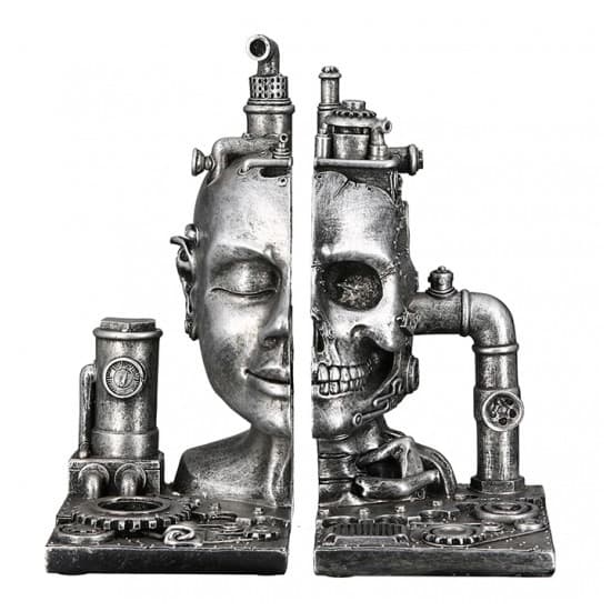 Steampunk Bookend Skull Poly Sculpture In Antique Silver_4