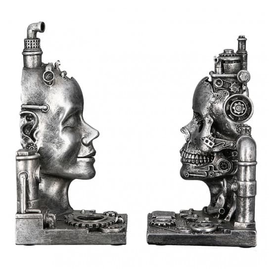 Steampunk Bookend Skull Poly Sculpture In Antique Silver_5