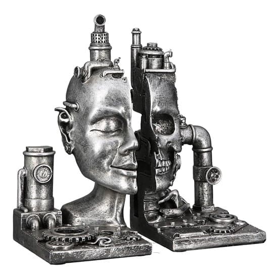 Steampunk Bookend Skull Poly Sculpture In Antique Silver_1