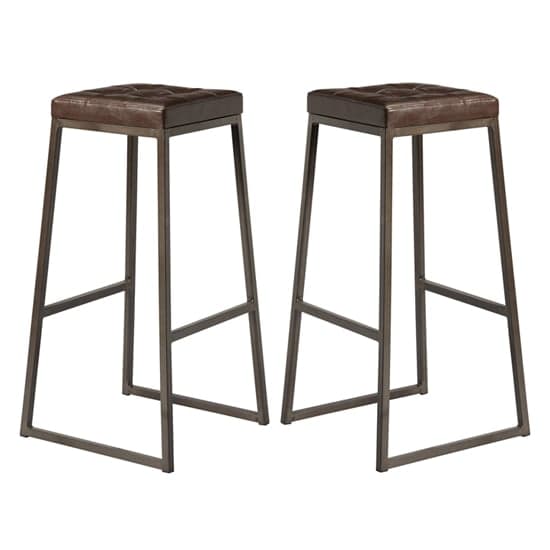 Steeple Raw Metal Frame Brown Faux Leather Bar Stools In Pair_1