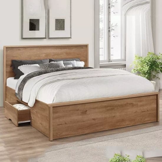 Stock Wooden Double Bed With 2 Drawers In Rustic Oak_1
