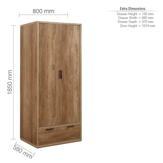 Stock Wooden Wardrobe With 2 Doors 1 Drawer In Rustic Oak_5