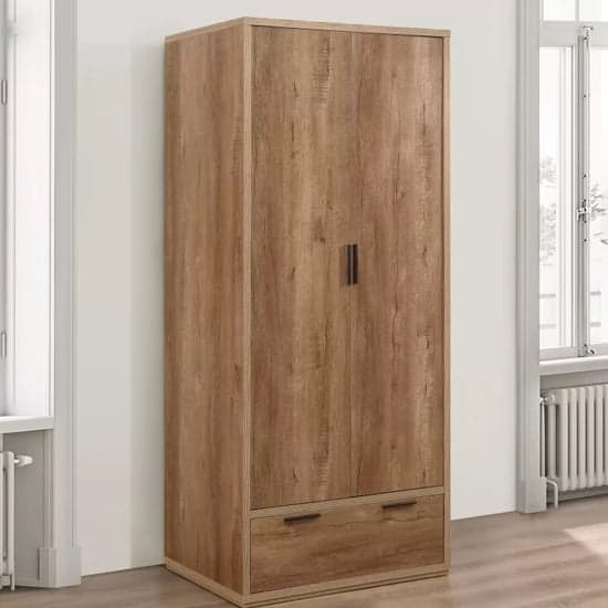 Stock Wooden Wardrobe With 2 Doors 1 Drawer In Rustic Oak_1
