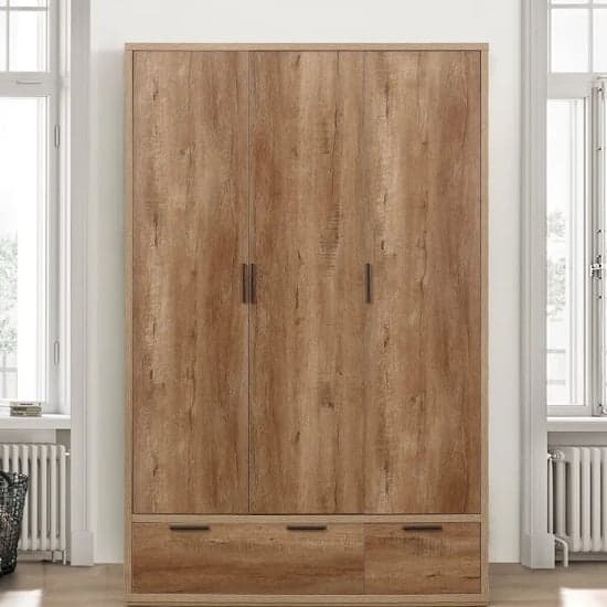 Stock Wooden Wardrobe With 3 Doors 2 Drawers In Rustic Oak_2