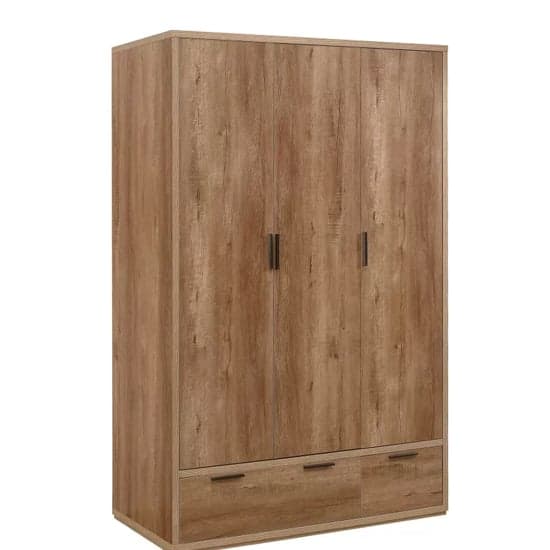 Stock Wooden Wardrobe With 3 Doors 2 Drawers In Rustic Oak_3