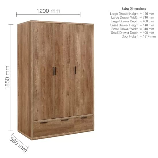 Stock Wooden Wardrobe With 3 Doors 2 Drawers In Rustic Oak_5