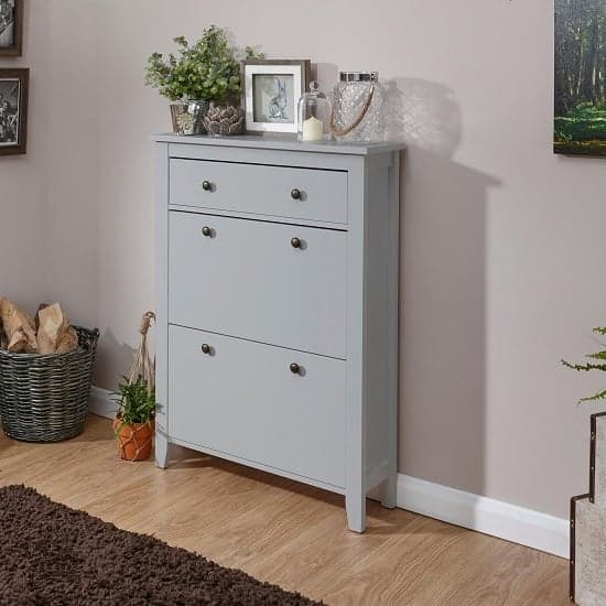 Duddo Wooden Shoe Cabinet In Grey With 2 Doors And 1 Drawer
