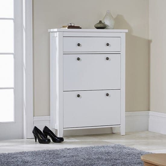 Duddo Wooden Shoe Cabinet In White With 2 Doors And 1 Drawer_1
