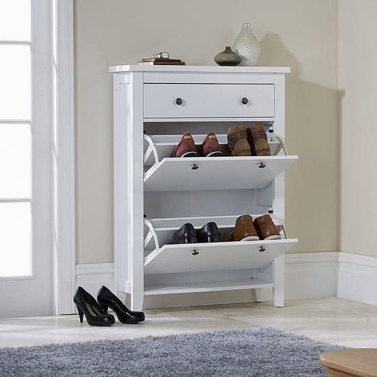 Duddo Wooden Shoe Cabinet In White With 2 Doors And 1 Drawer_2