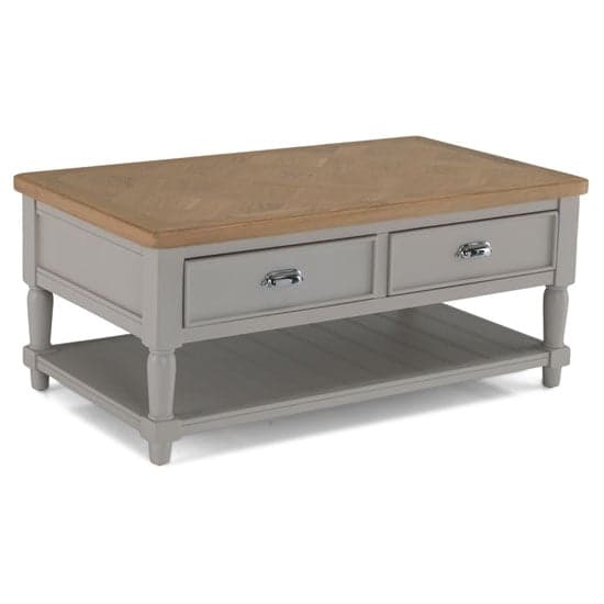 Sunburst Wooden Coffee Table In Grey And Solid Oak With 2 Drawer_1