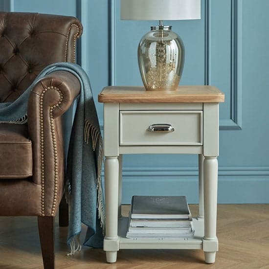 Sunburst Wooden Side Table In Grey And Solid Oak With 1 Drawer_1