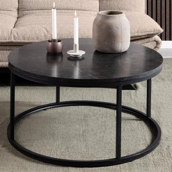 Suva Wooden Coffee Table Round In Black Marble Effect_1