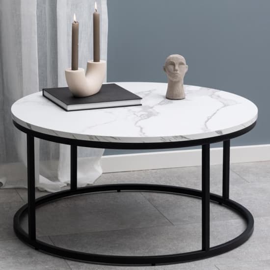 Suva Wooden Coffee Table Round In White Marble Effect_1